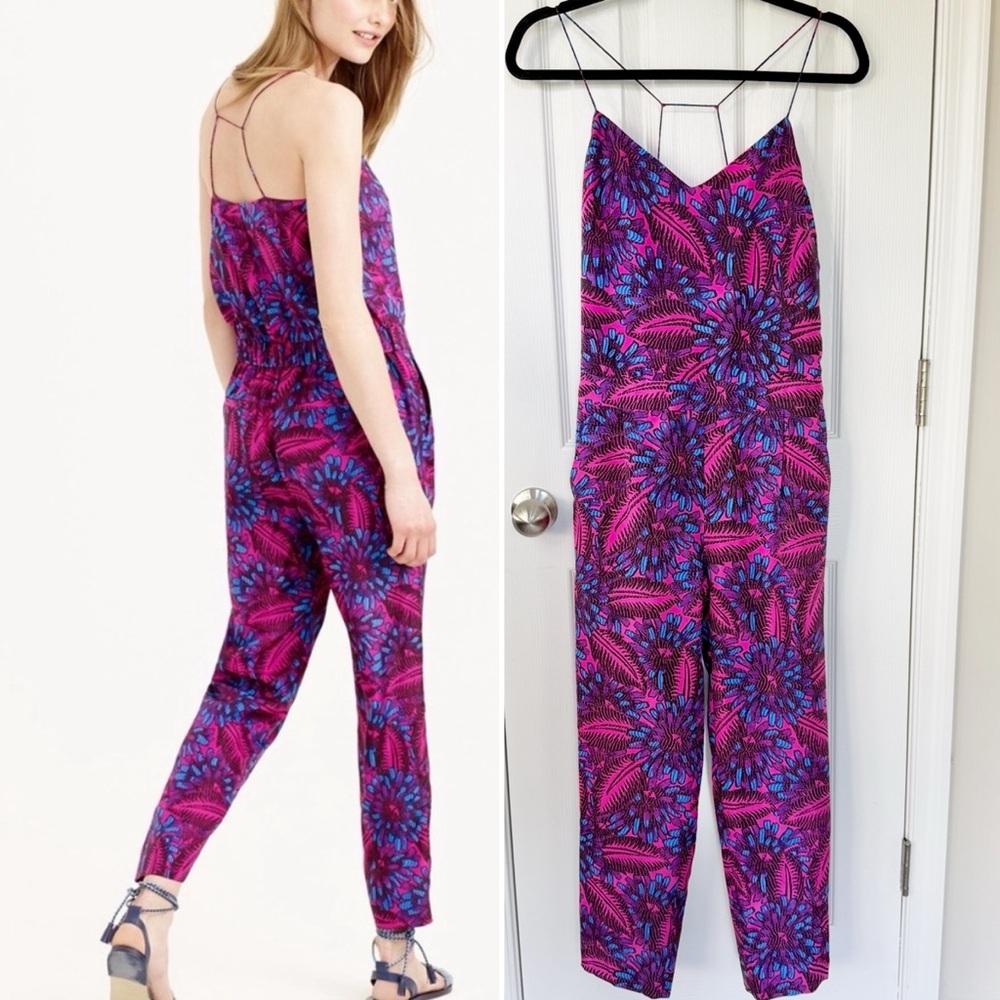J. Crew NWT Floral Midnight Fuchsia Silk Jumpsuit Pink and Blue Women’s 00